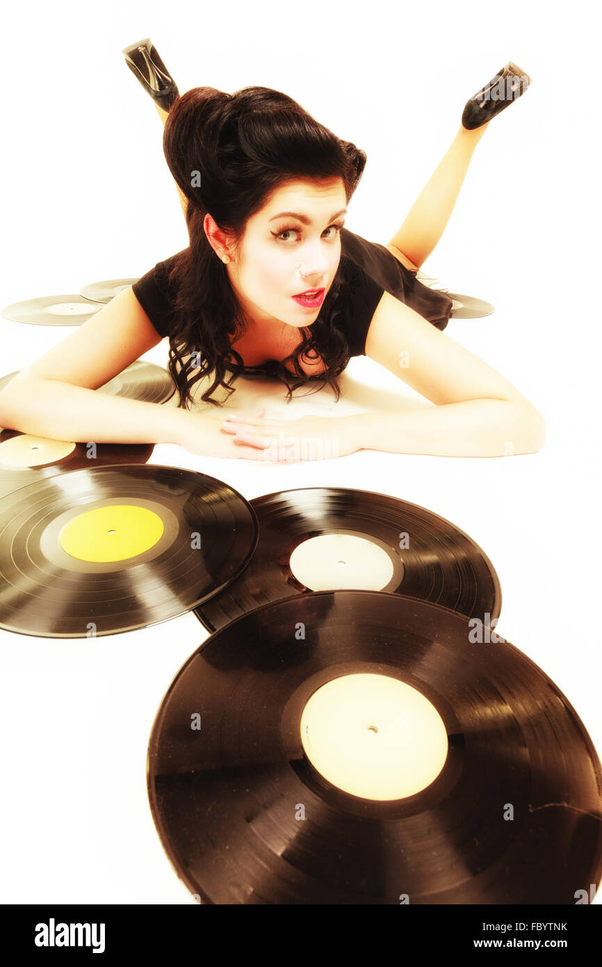 Girl with phonography analogue records music lover Stock Photo