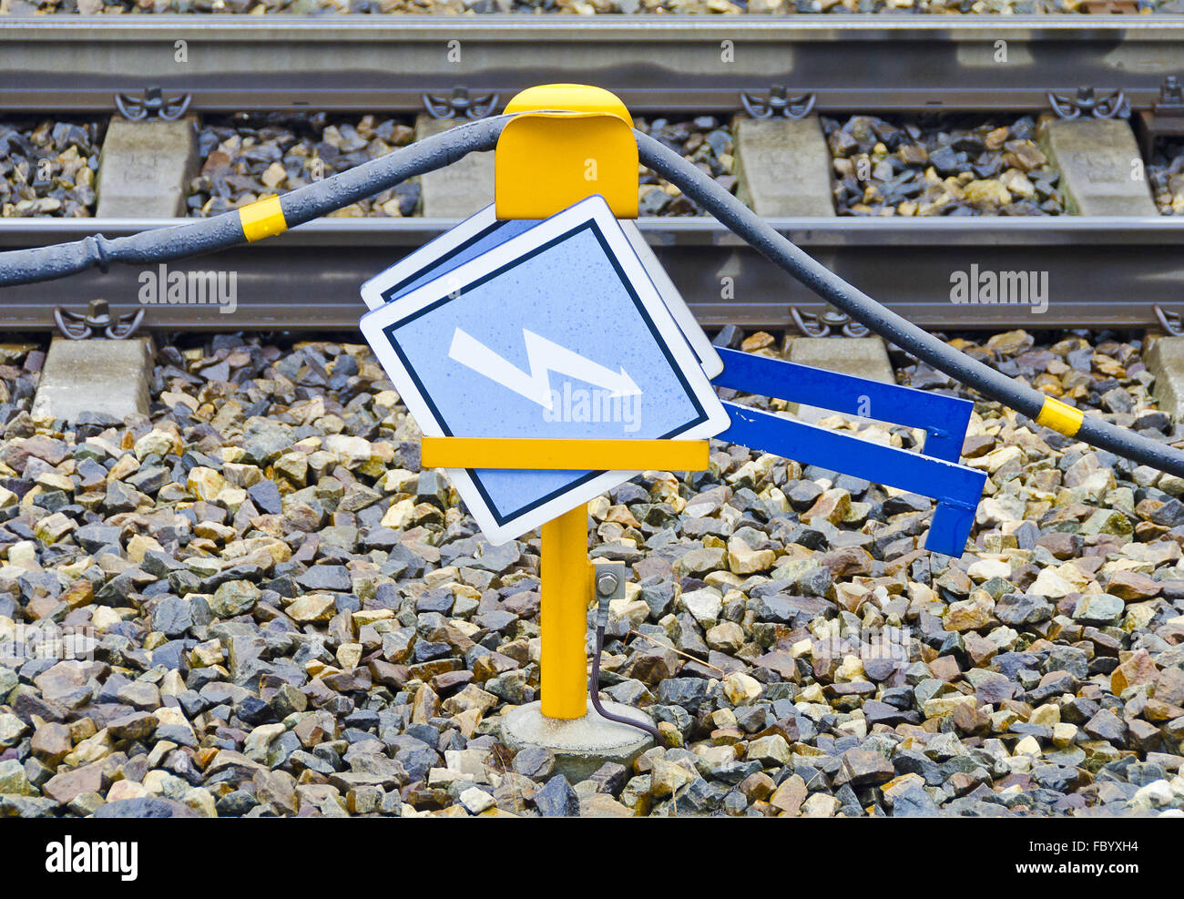 power line with attention signs Stock Photo