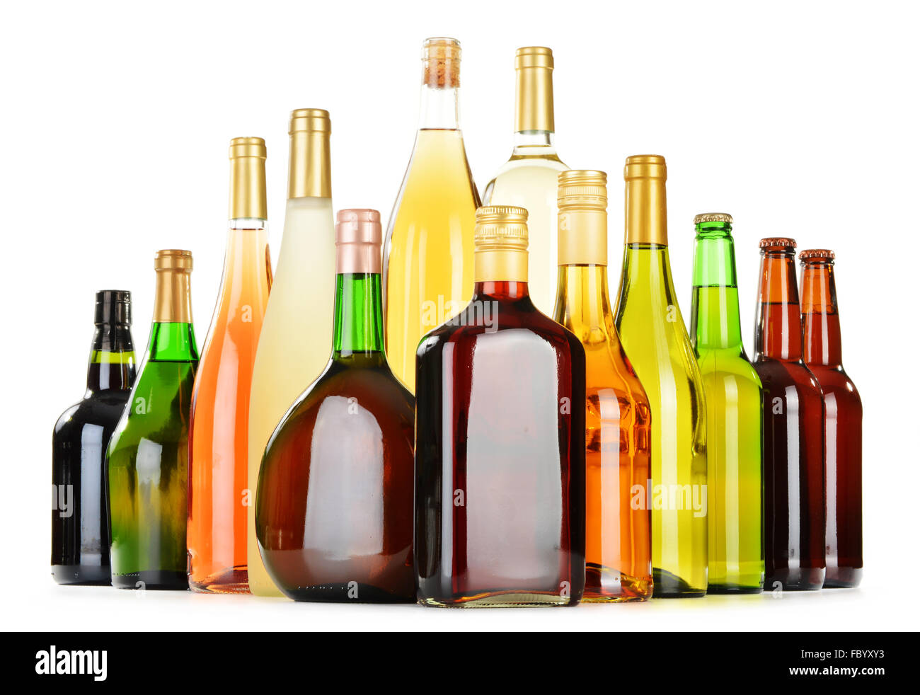 Bottles of assorted alcoholic beverages isolated on white background