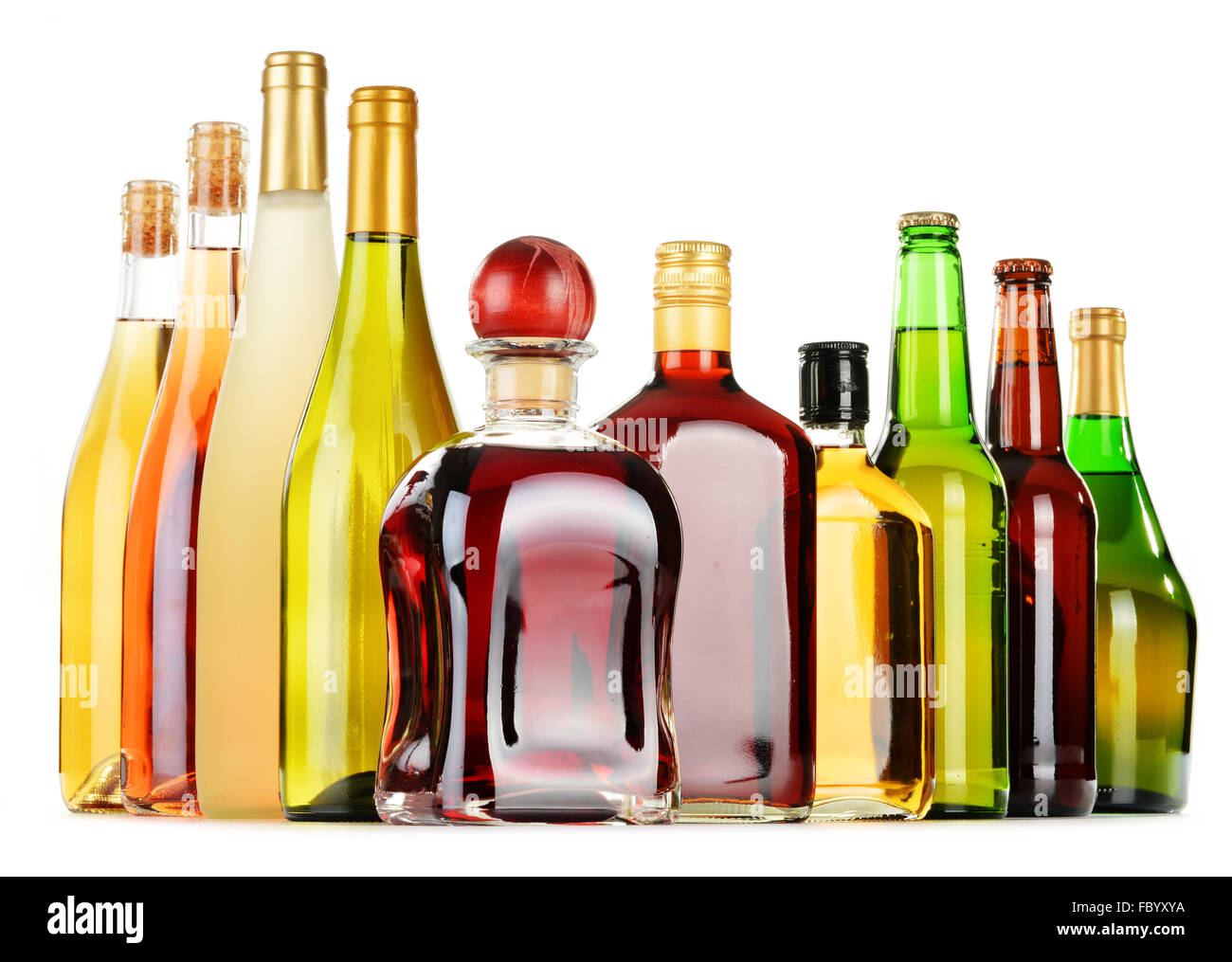 Bottles of assorted alcoholic beverages isolated on white background