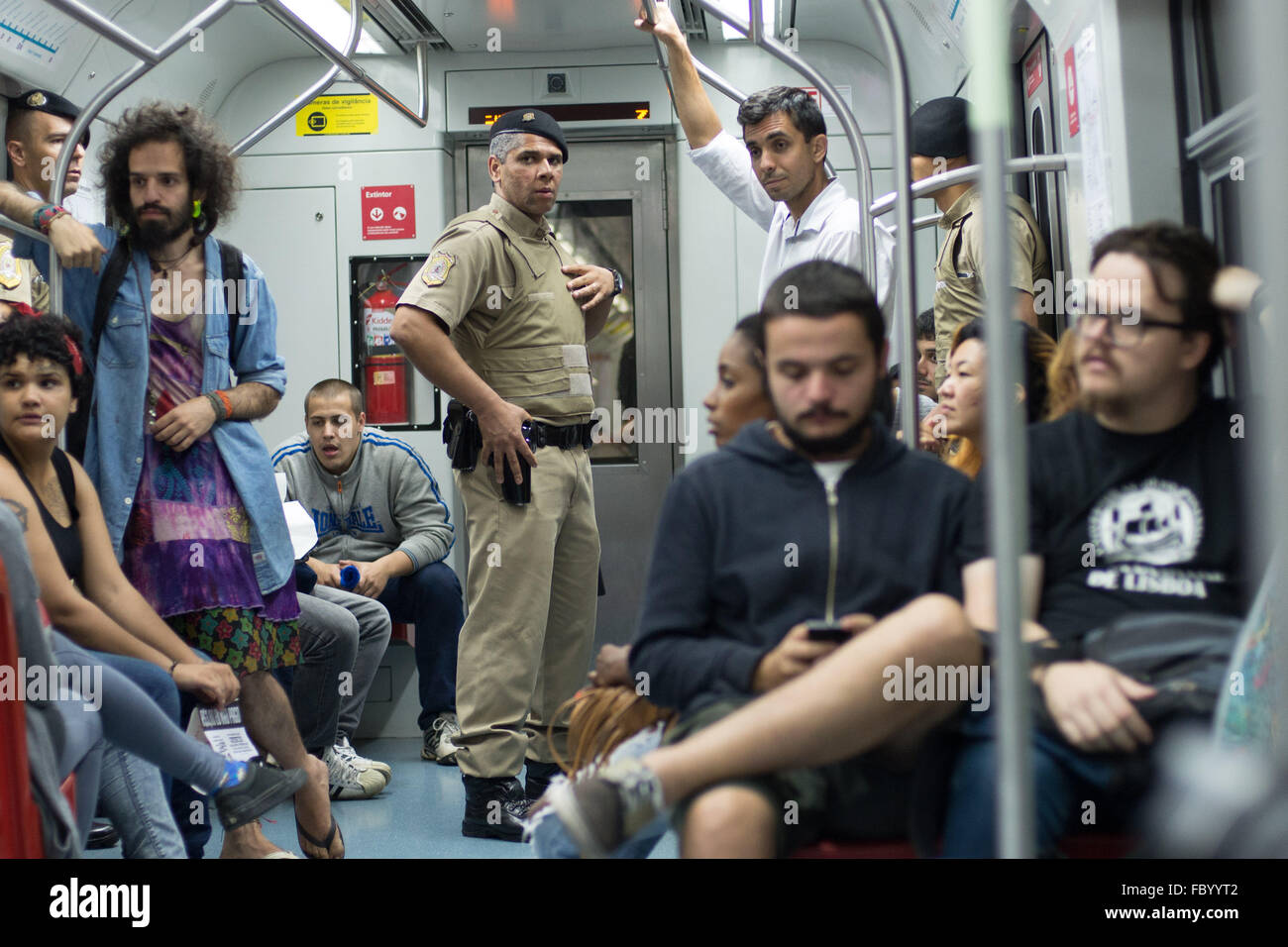 Sao Paulo, Brazil. 19th Jan, 2016. Police monitors riots in train after ...