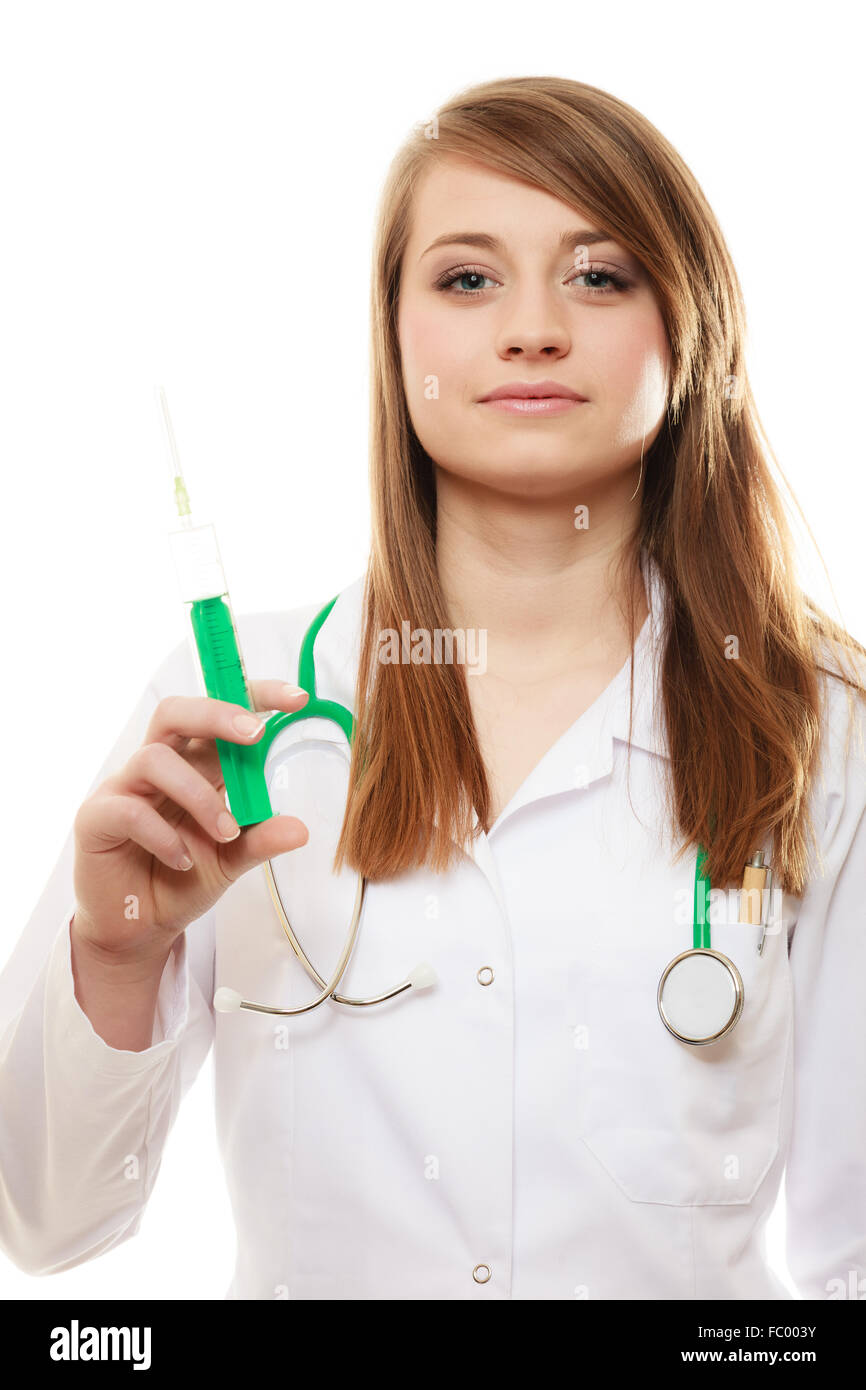 Medical. Woman doctor in lab coat with syringe Stock Photo Alamy