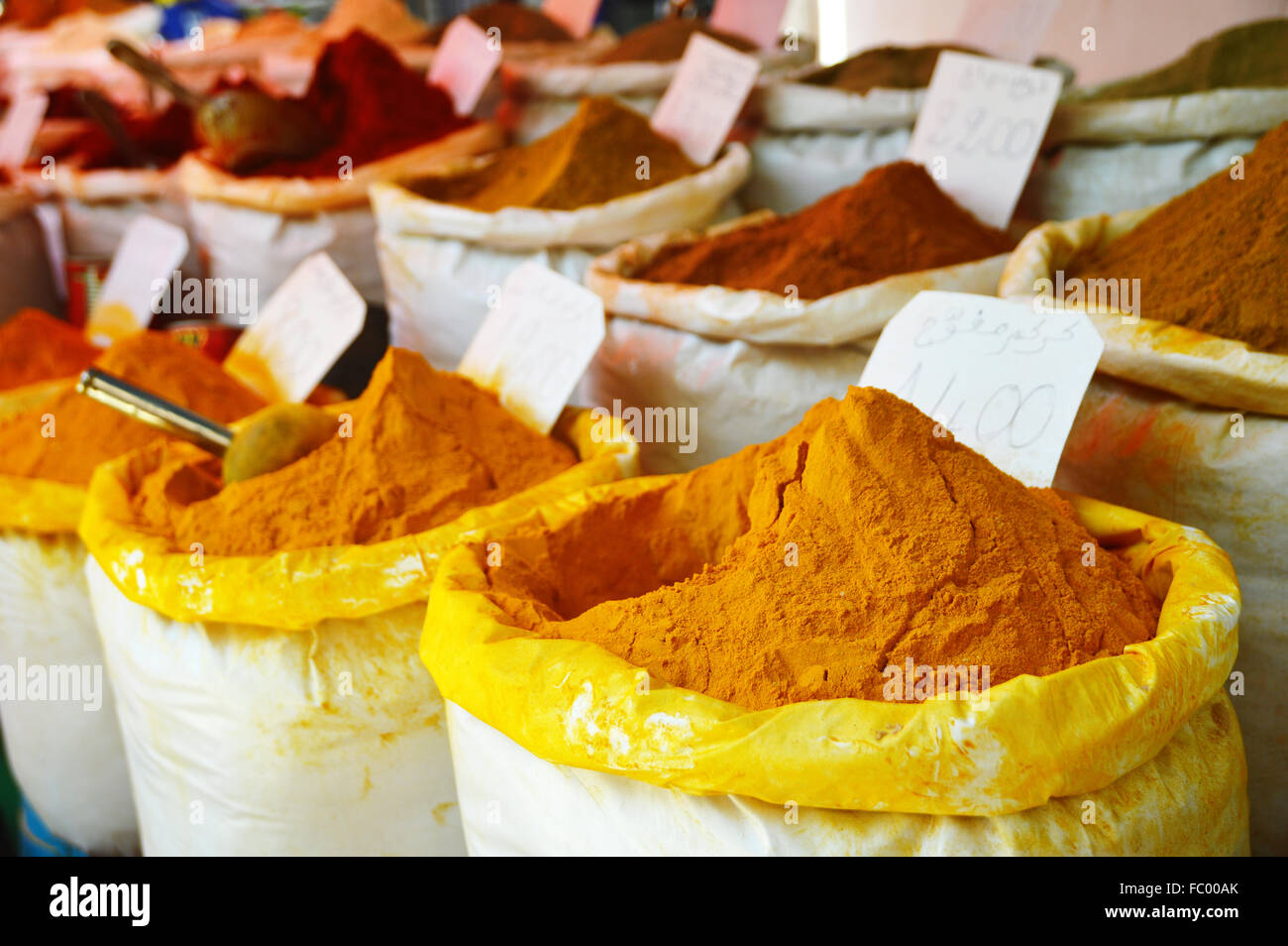 Spices in Arabic store including turmeric and curry powder Stock Photo