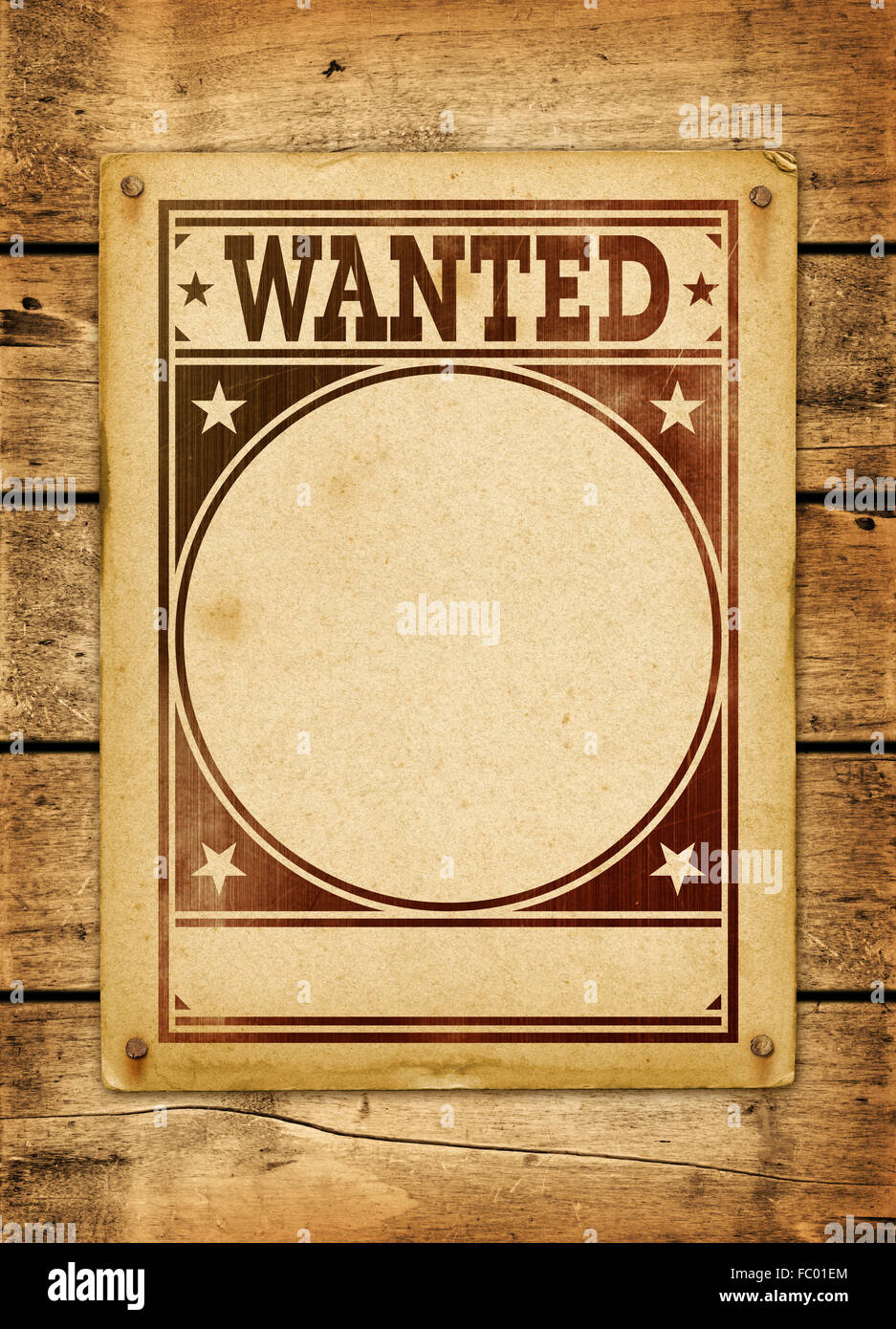 Wanted poster on a wood board Stock Photo