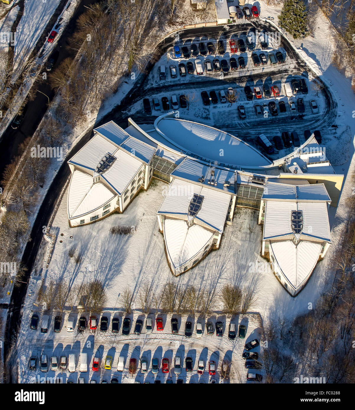 Aerial view, unusual architecture of the Artur-Woll-Haus it,  Architekturbüro rough architecten, three wings shaped as a ship Stock Photo  - Alamy