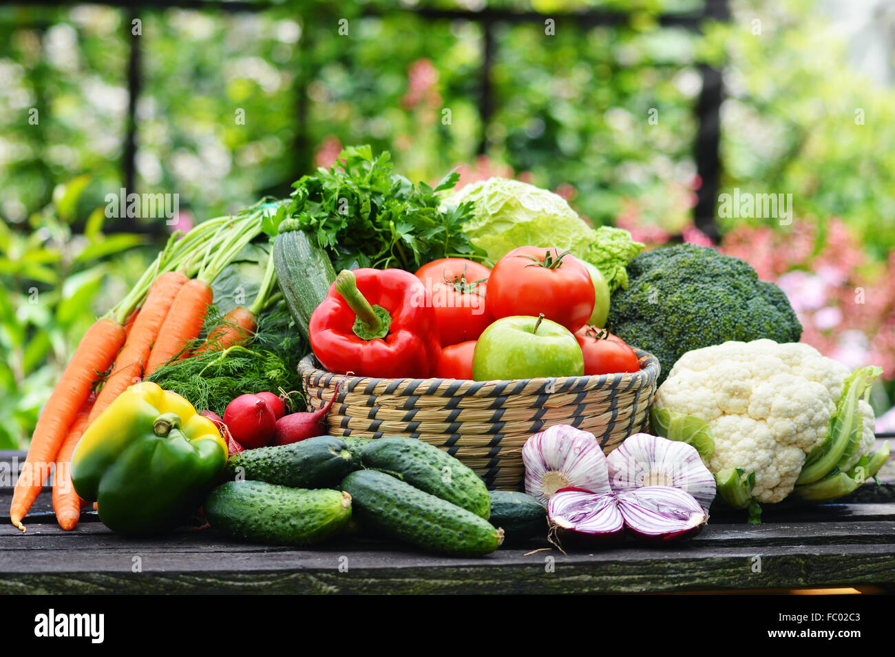 Fresh organic vegetables in wicker basket in the garden Stock Photo - Alamy