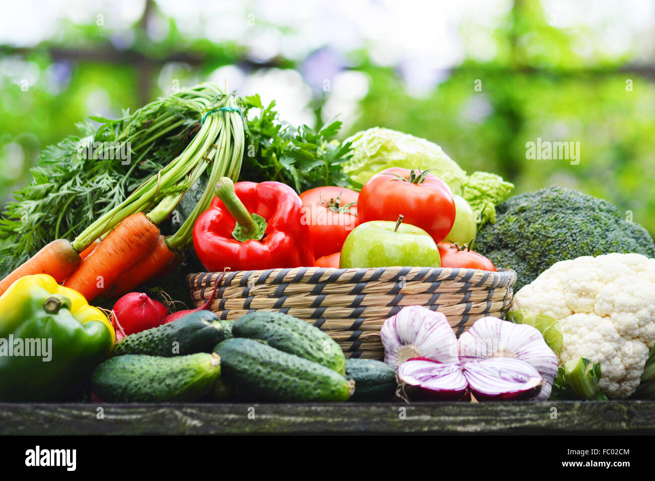 Fresh organic vegetables in wicker basket in the garden Stock Photo - Alamy