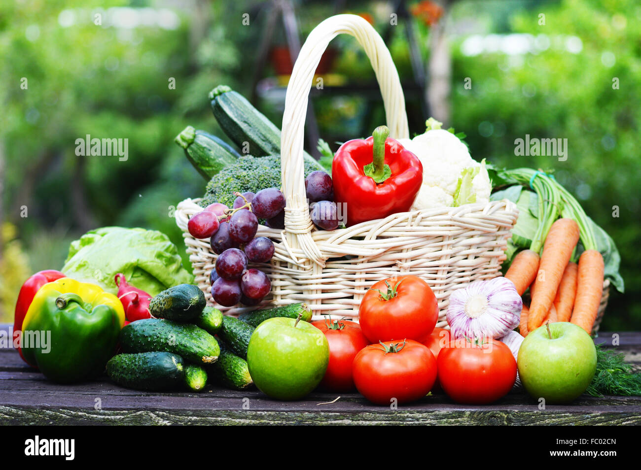 Fresh organic vegetables in wicker basket in the garden Stock Photo - Alamy