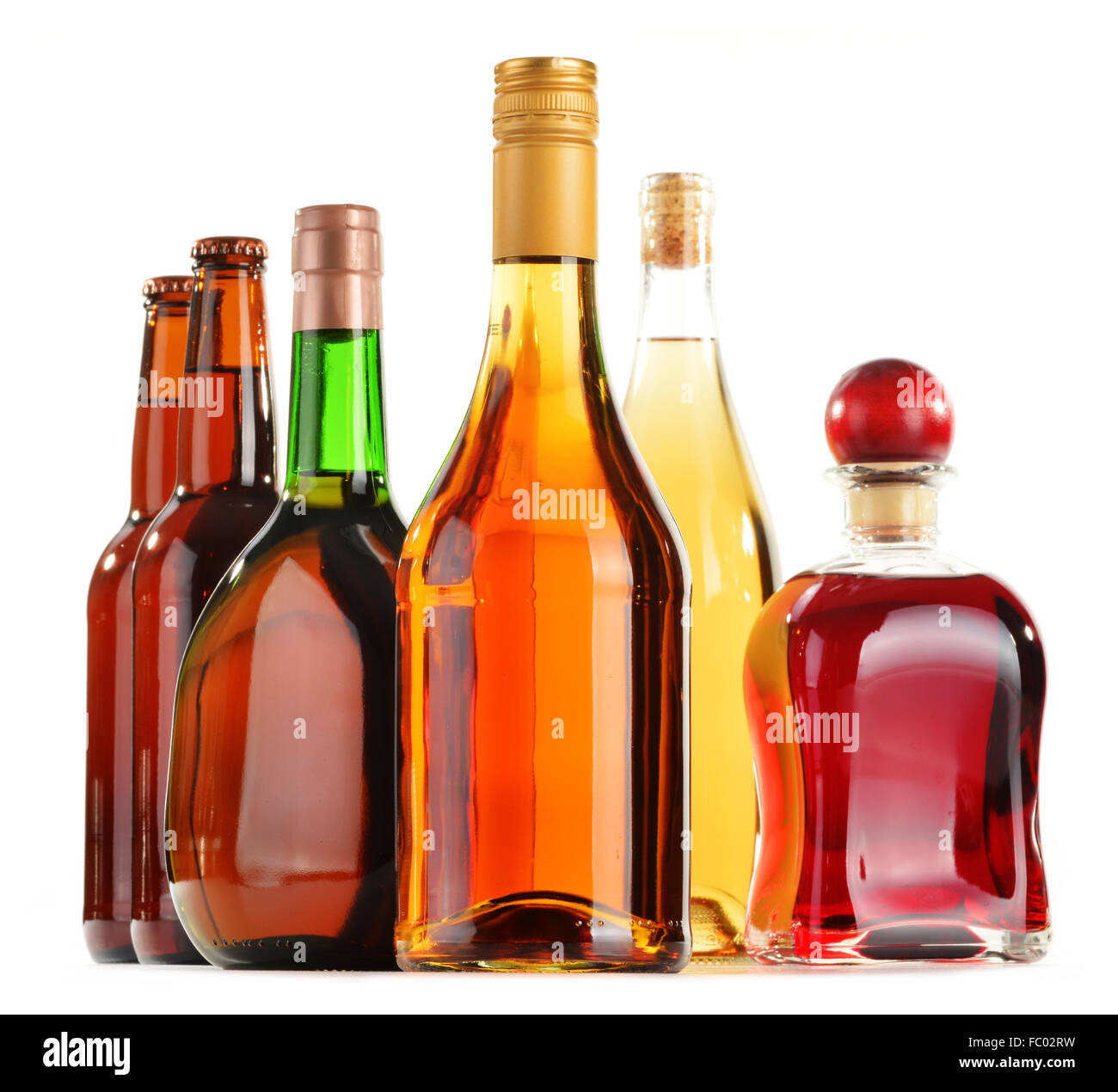 Assorted alcoholic beverages isolated on white background Stock Photo