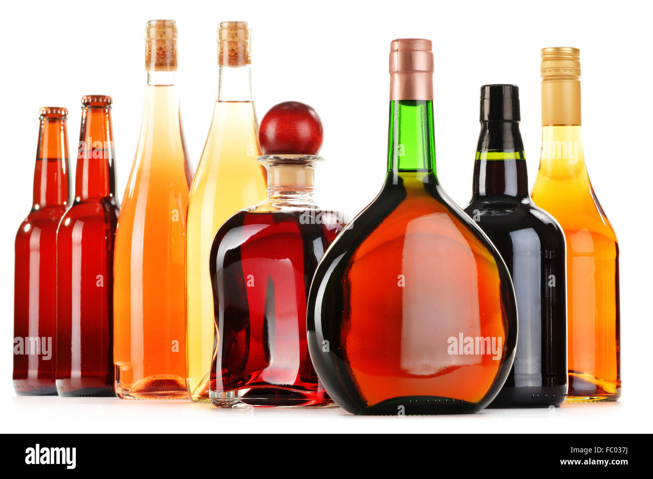 Assorted alcoholic beverages isolated on white background Stock Photo