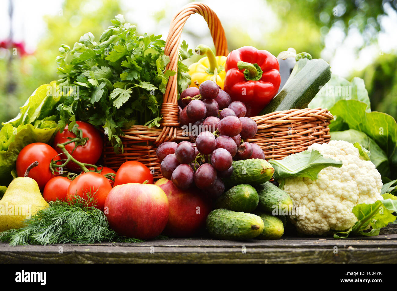 Fresh organic vegetables in wicker basket in the garden Stock Photo - Alamy