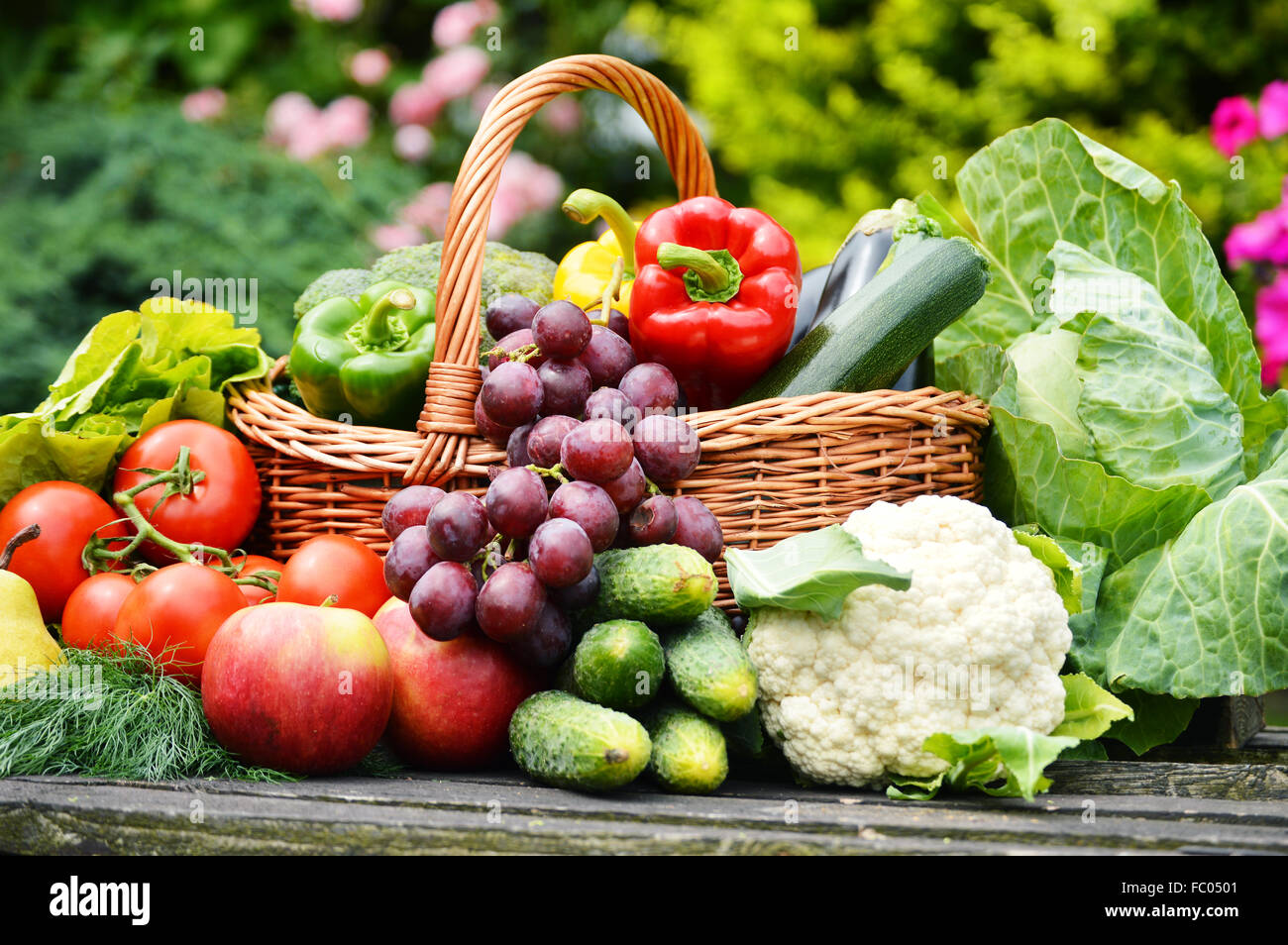 Fresh organic vegetables in wicker basket in the garden Stock Photo - Alamy