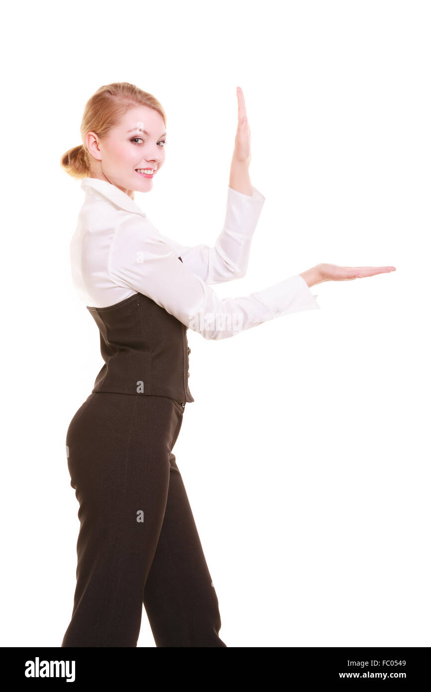 Ad. Businesswoman showing blank copy space Stock Photo