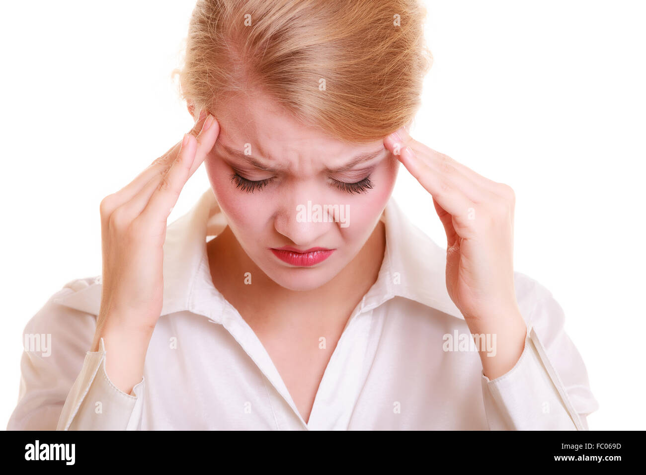 Headache. Woman suffering from head pain isolated Stock Photo Alamy