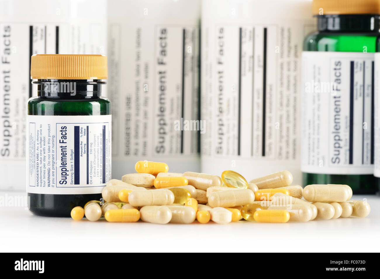 Composition with dietary supplement capsules. Drug pills Stock Photo