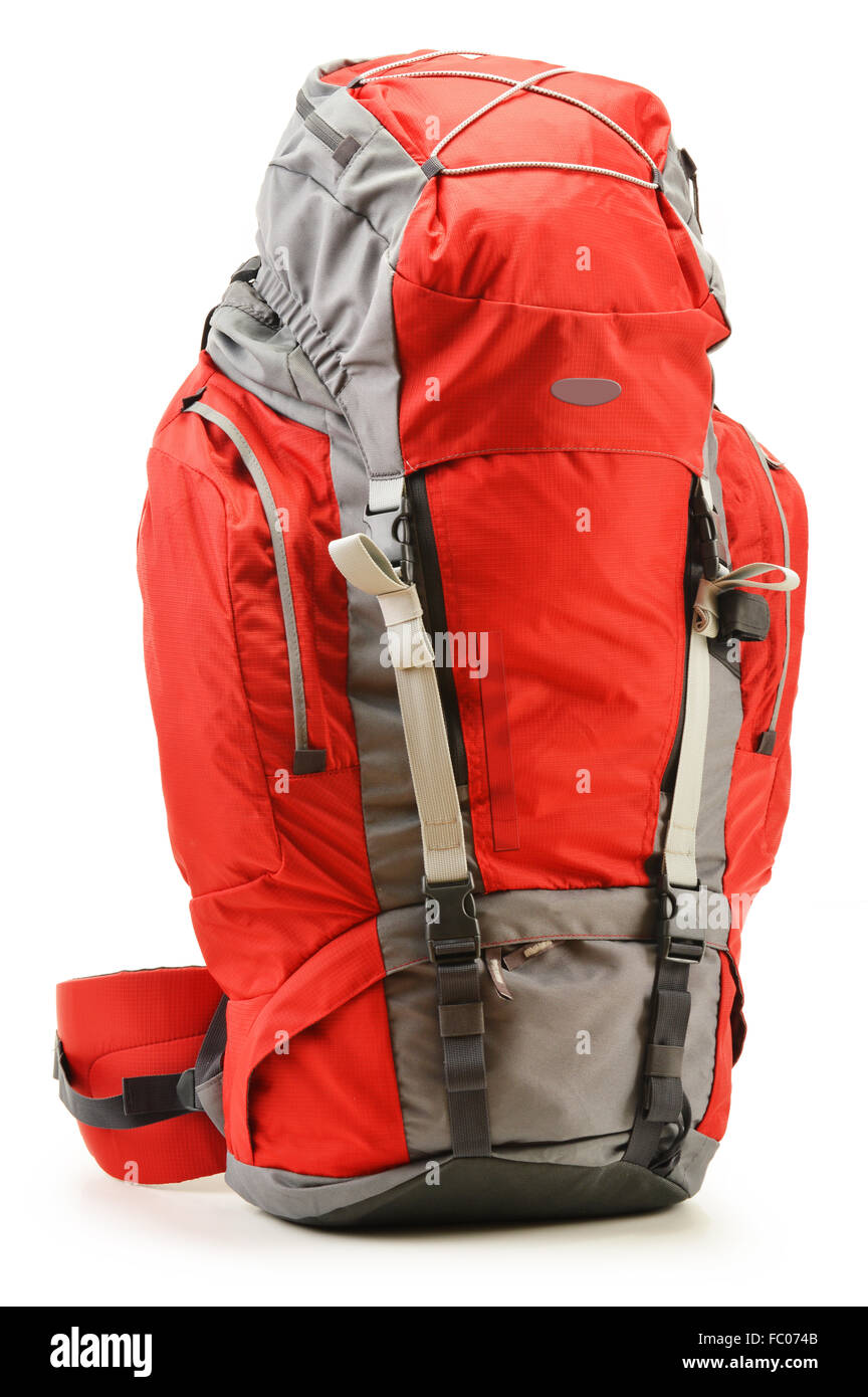 Large red touristic backpack isolated on white Stock Photo - Alamy