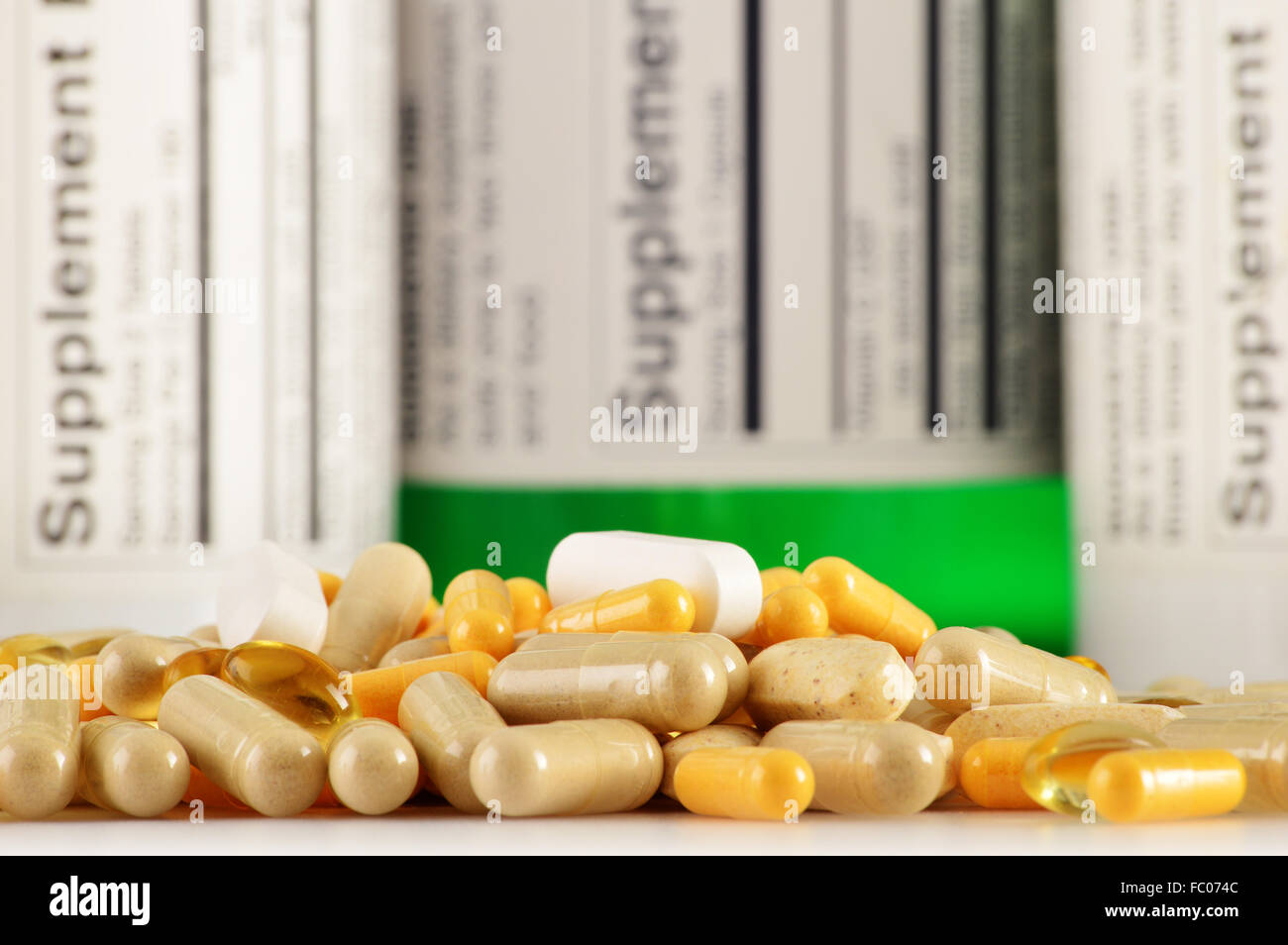 Composition with dietary supplement capsules. Drug pills Stock Photo