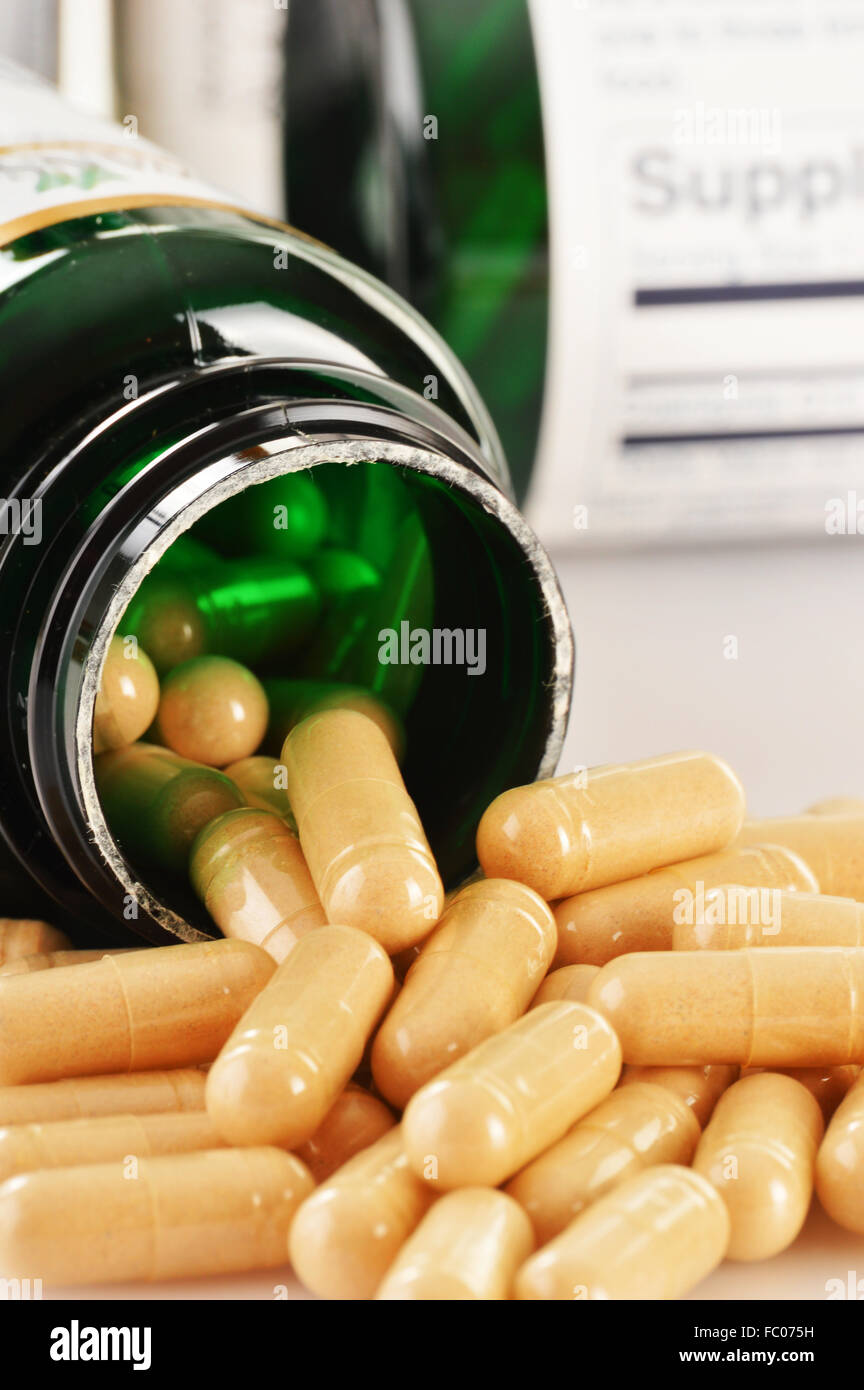 Composition with dietary supplement capsules. Drug pills Stock Photo