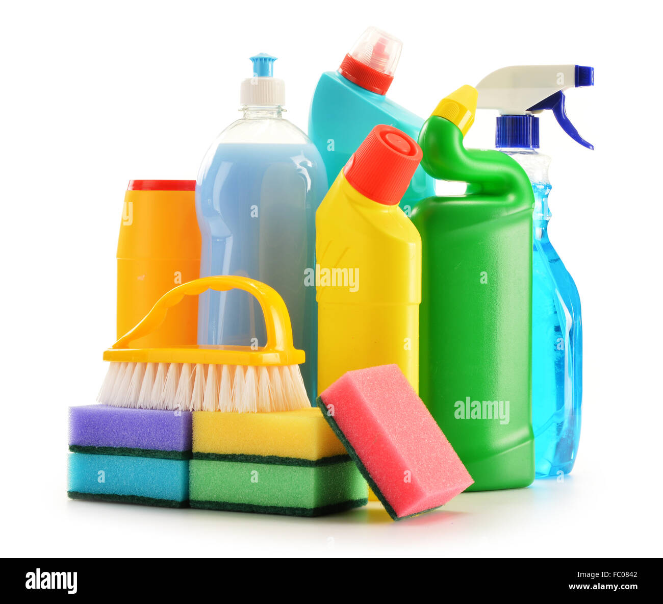 Detergent bottles isolated on white. Chemical cleaning supplies isolated on white Stock Photo