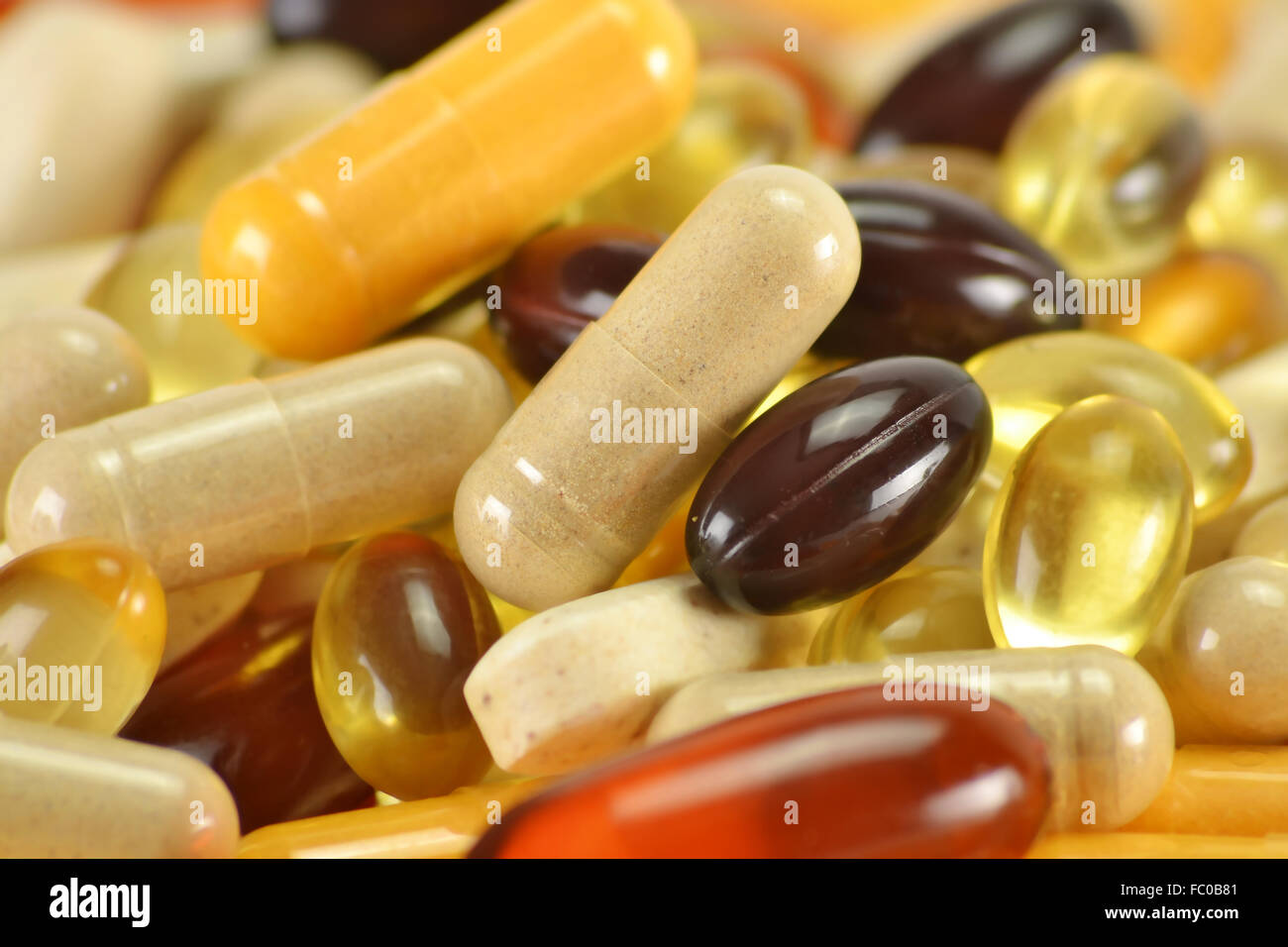 Composition with dietary supplement capsules. Variety of drug pi Stock Photo