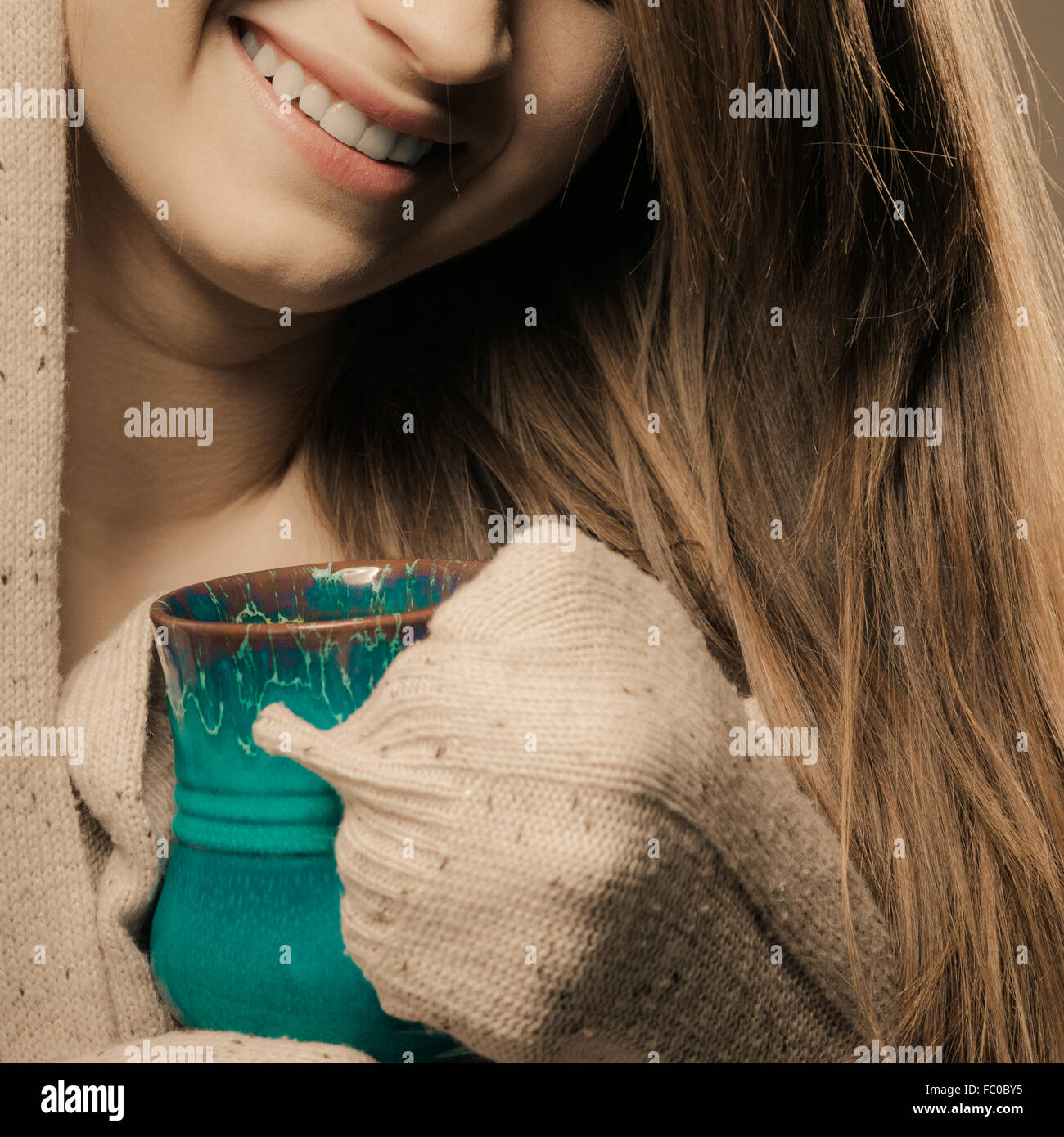 Beverage. Girl drinking hot drink tea coffee from cup Stock Photo Alamy