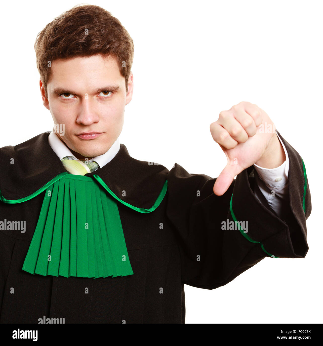 Law. Man lawyer in polish gown showing thumb down Stock Photo Alamy