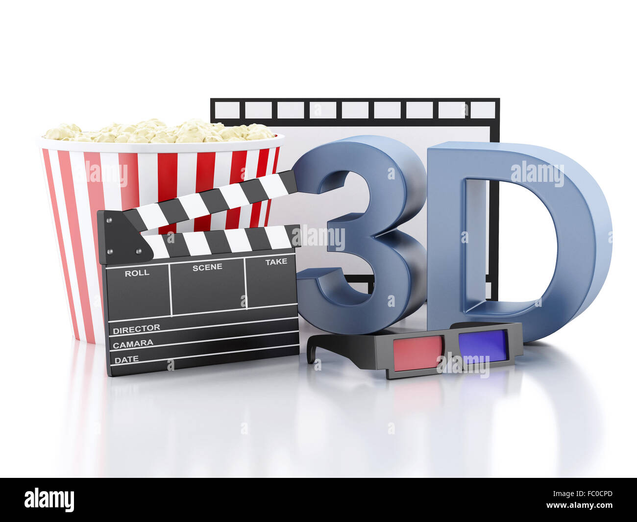 cinema clapper, popcorn, film reel and 3d glasses Stock Photo - Alamy