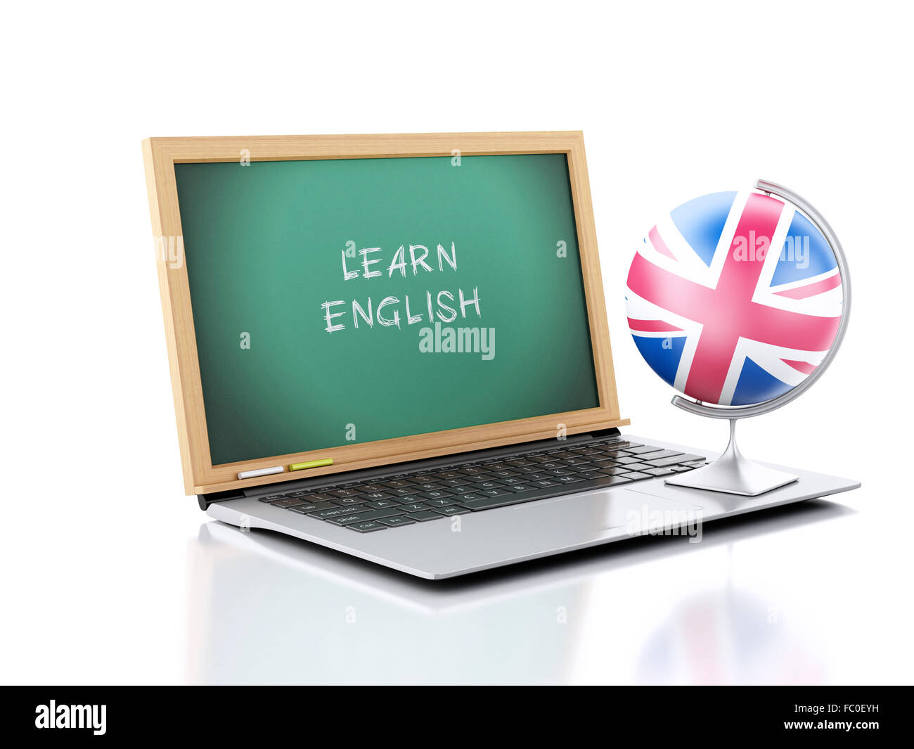Laptop with chalkboard. Learn English concept. 3d Stock Photo