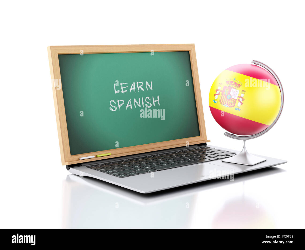 Laptop with chalkboard with learn spanish text Stock Photo Alamy
