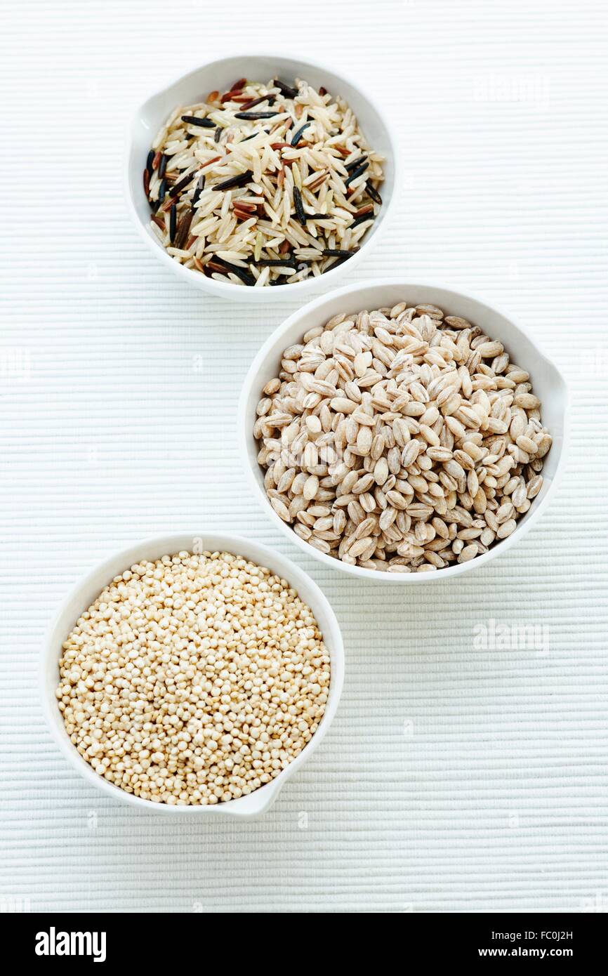 A bowl of quinoa, pearl barley, and Brown basmati rice, with red carmargue and wild rice Stock