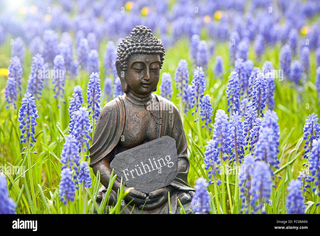 Buddha statue with the word „Frühling“ Stock Photo