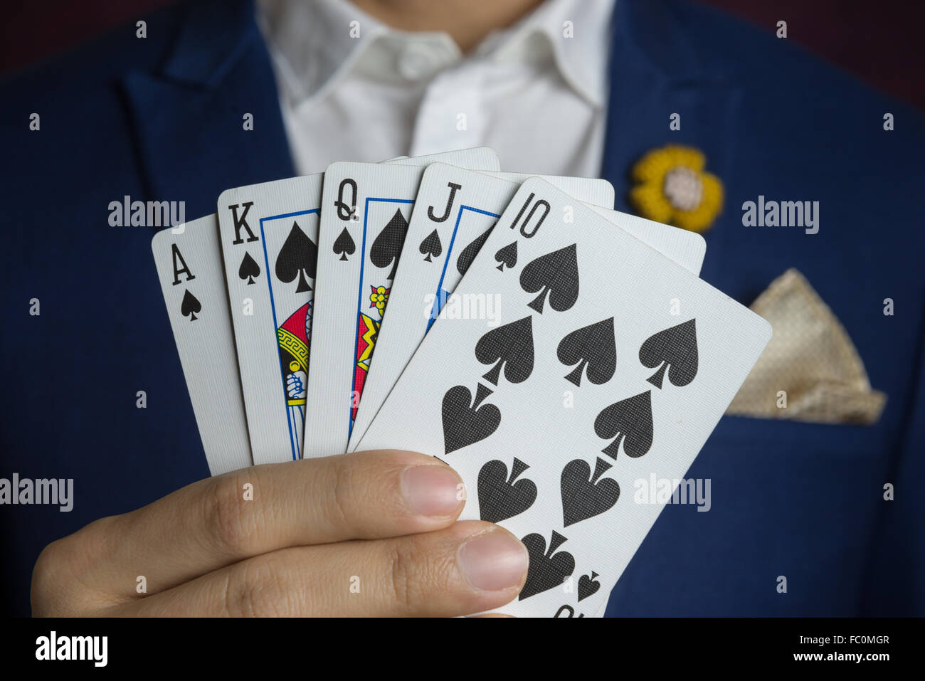 man wearing blue suit, jacket and flower brooch, holding royal straight flush, casino concept Stock Photo