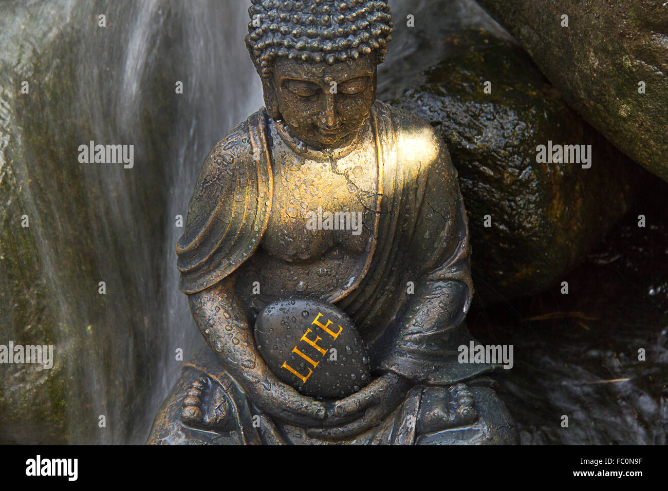 Buddha statue with the word „Life“ Stock Photo Alamy