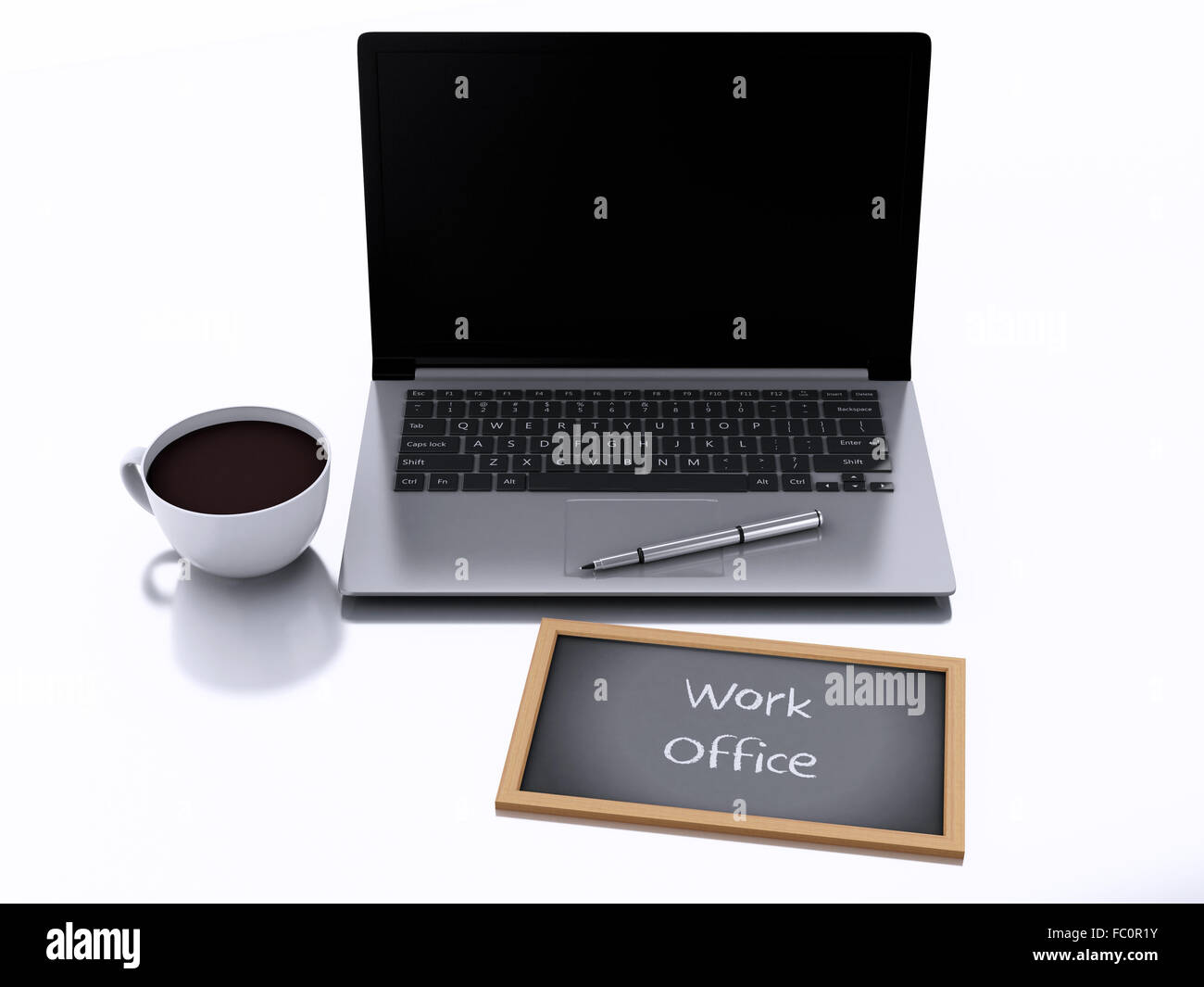 3d chalkboard, cup of coffee and laptop pc. work o Stock Photo - Alamy