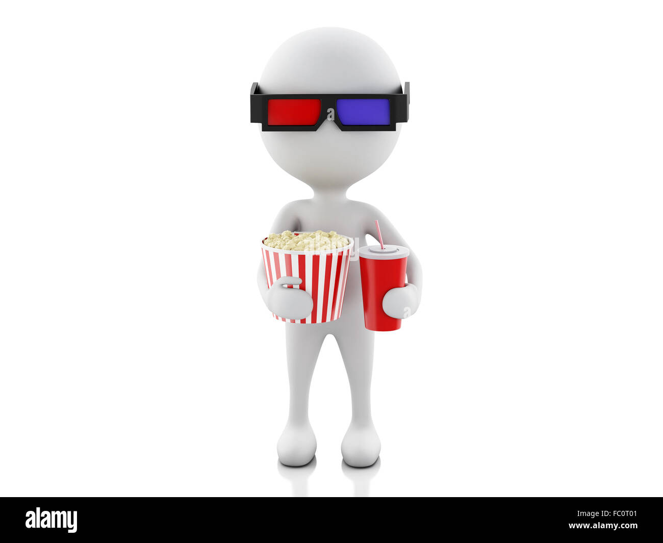 3d white man with 3d glasses, drink and popcorn Stock Photo