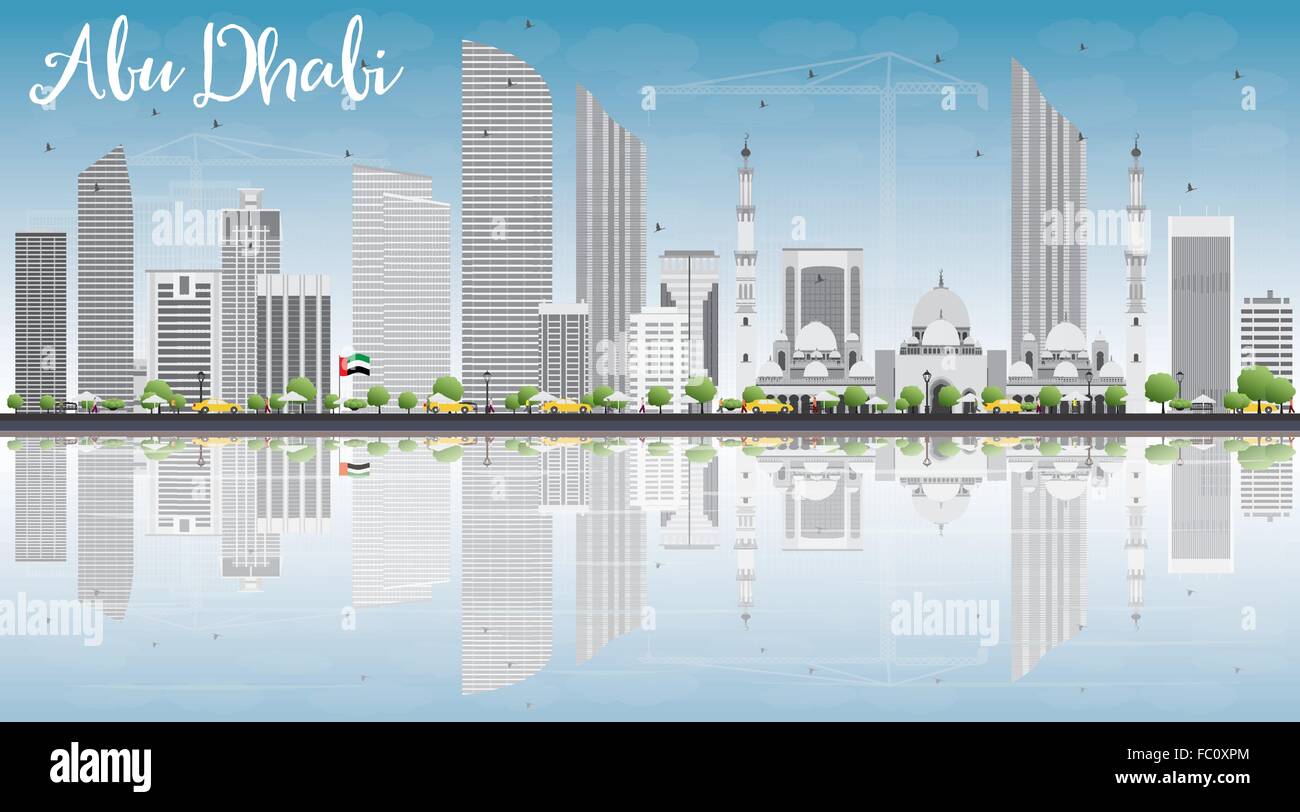 Abu Dhabi City Skyline with Gray Buildings, Blue Sky and Reflections. Vector Illustration. Business Travel and Tourism Concept  Stock Vector