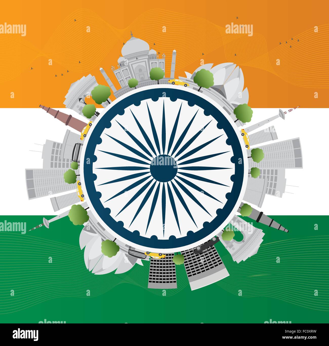 Happy Indian Republic Day celebration. Vector illustration. Concept with indian Landmarks and copy space. Stock Vector