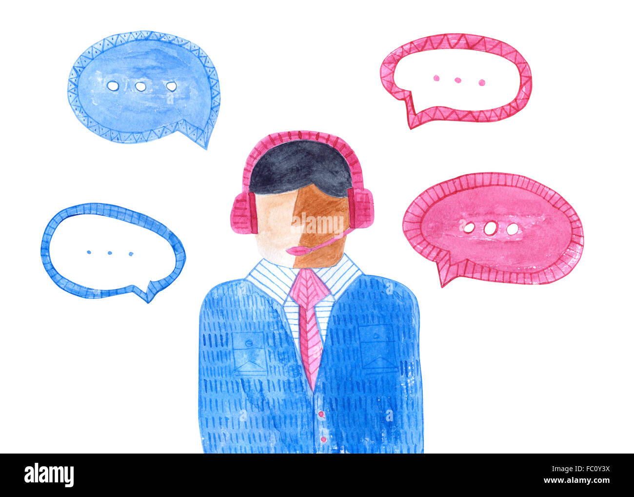 Watercolor call center. Isolated male avatar. Man wearing headsets with colorful speech bubbles. Concept of client service Stock Photo
