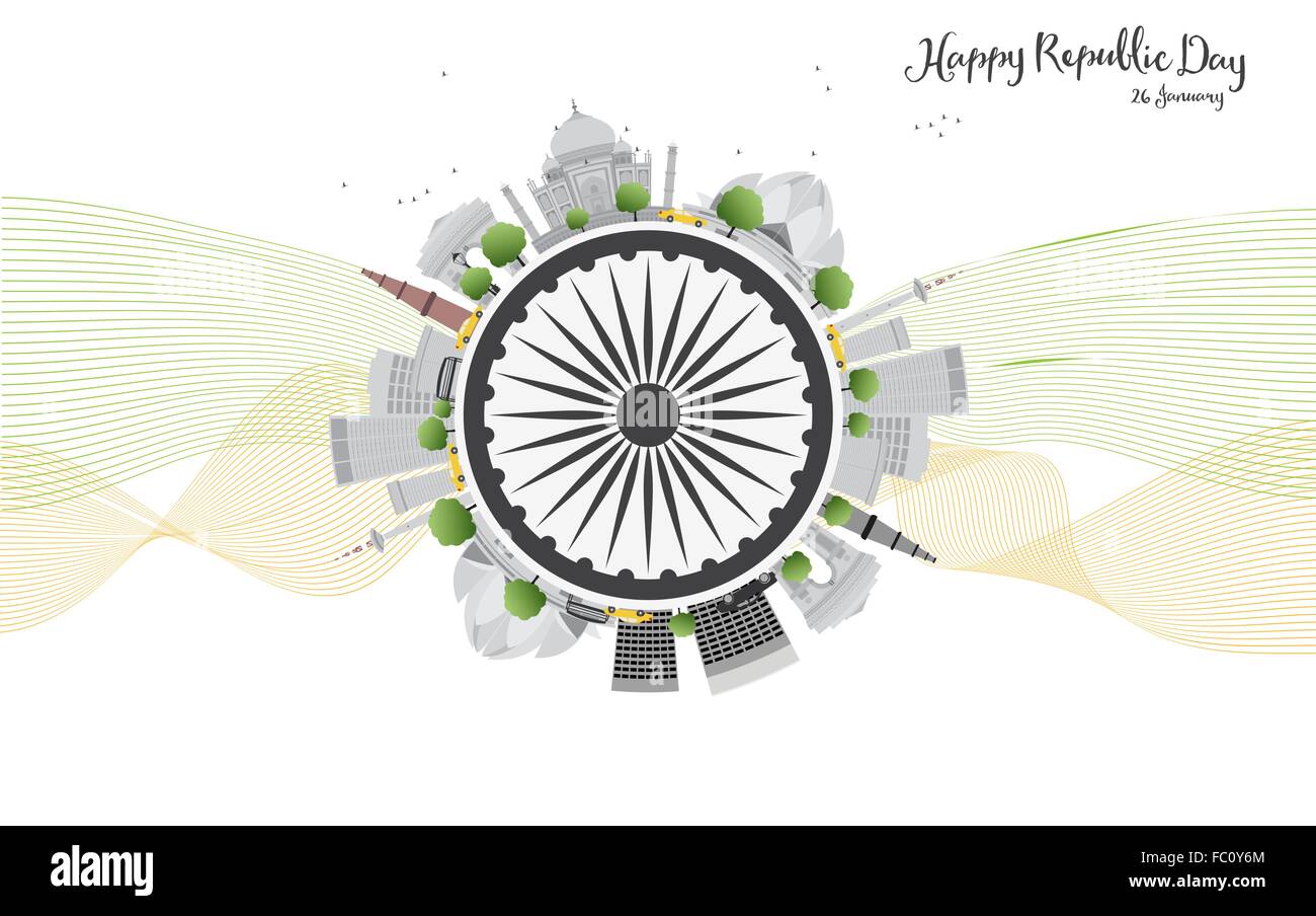 Happy Indian Republic Day celebration. Vector illustration. Concept with indian Landmarks and copy space. Buildings on white Stock Vector
