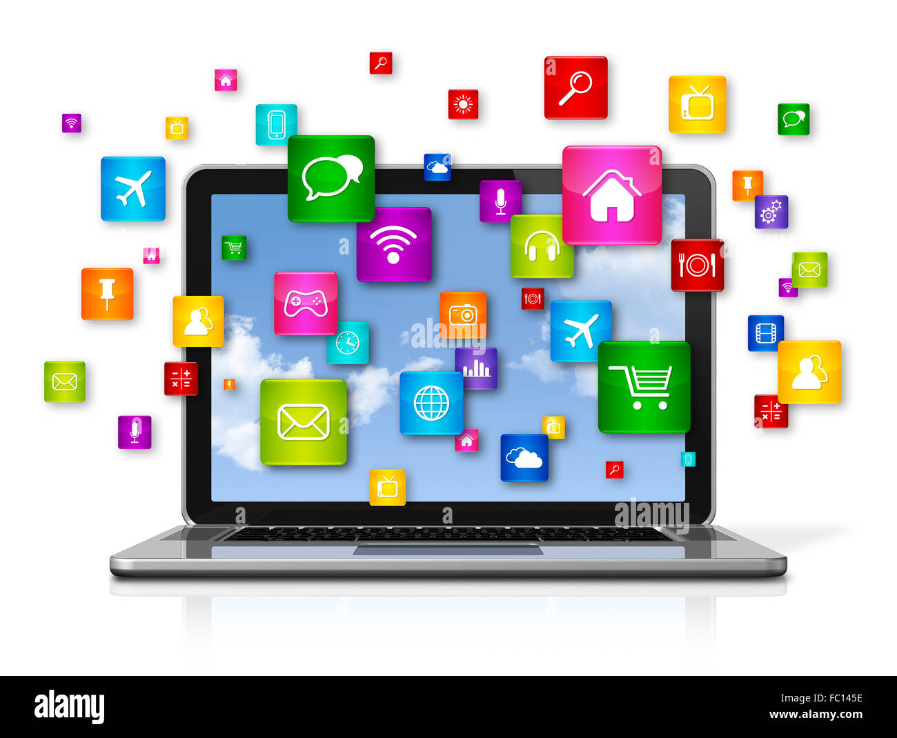 Laptop Computer and flying apps icons Stock Photo Alamy