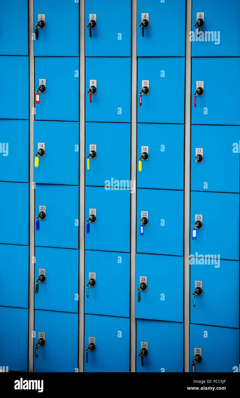 closeup blue deposite boxes with keys. left luggage Stock Photo