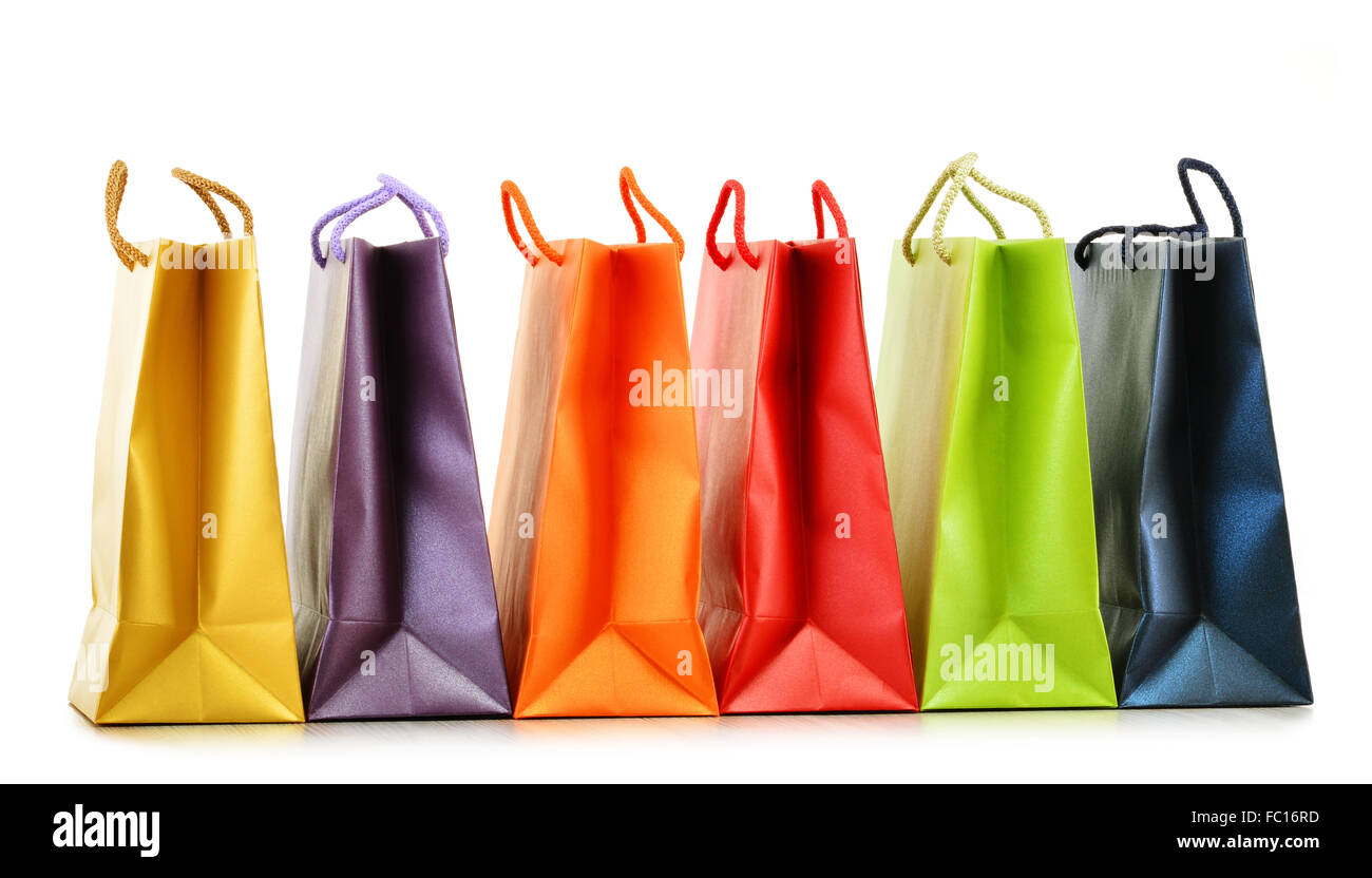 Colorful paper shopping bags isolated on white background Stock Photo ...