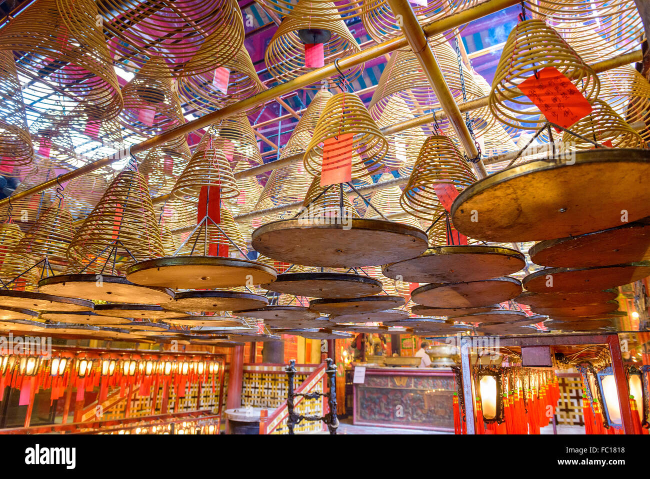 The interior of Man Mo Temple in Hong Kong, China. Stock Photo