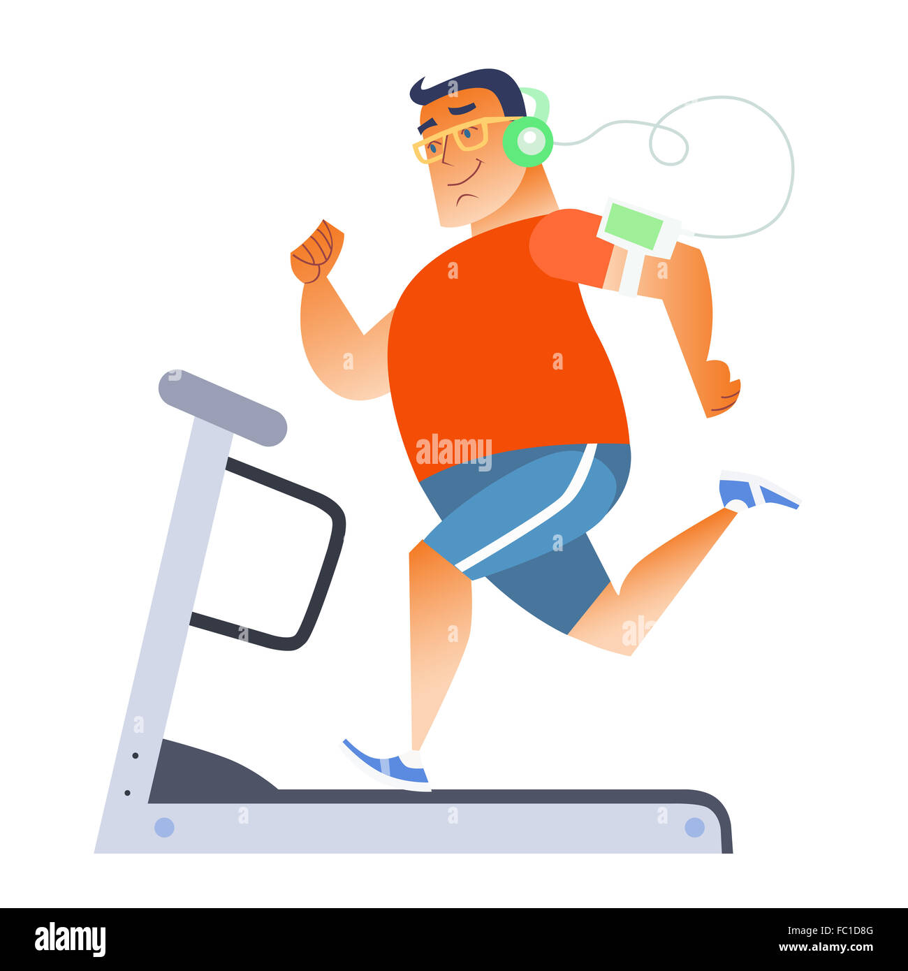 Fat man on a stationary treadmill Stock Photo