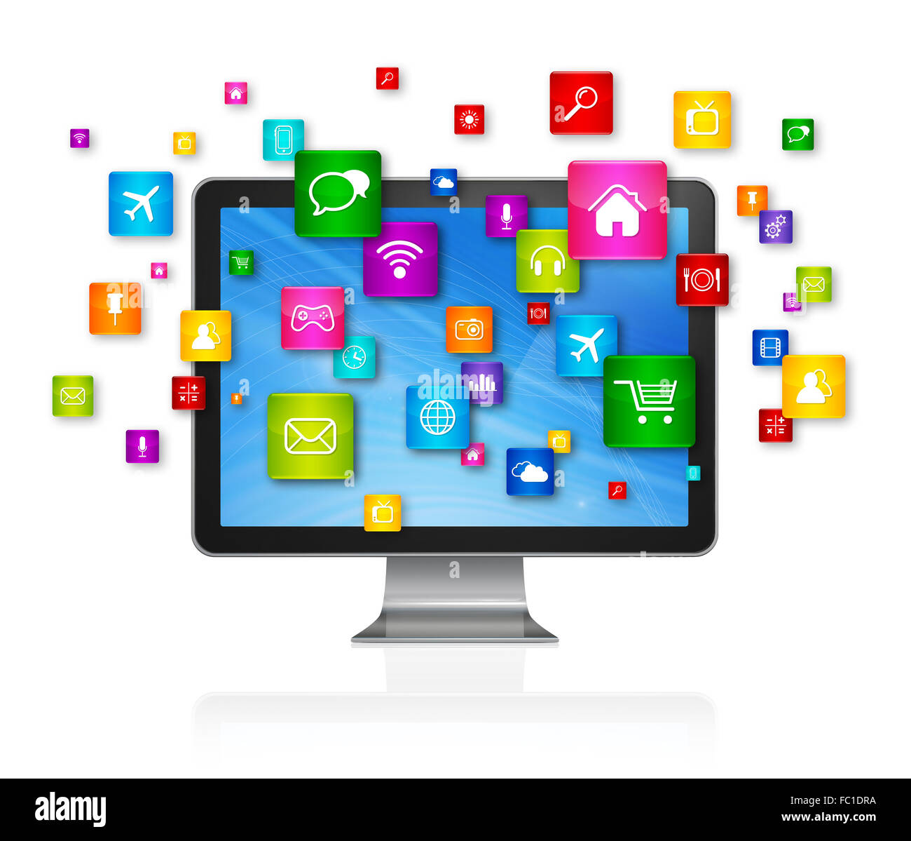 Desktop Computer and flying apps icons Stock Photo - Alamy