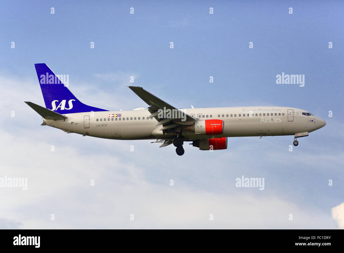 Scandinavian Airlines Boeing 737RN LN-RCX landing at Heathrow Stock Photo