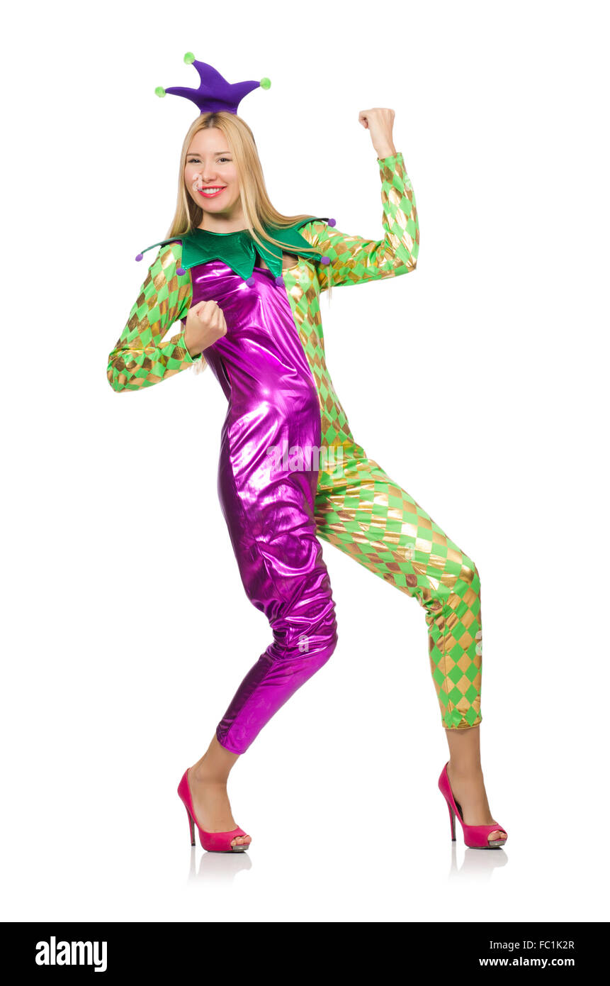 Woman wearing clown costume isolated on white Stock Photo - Alamy