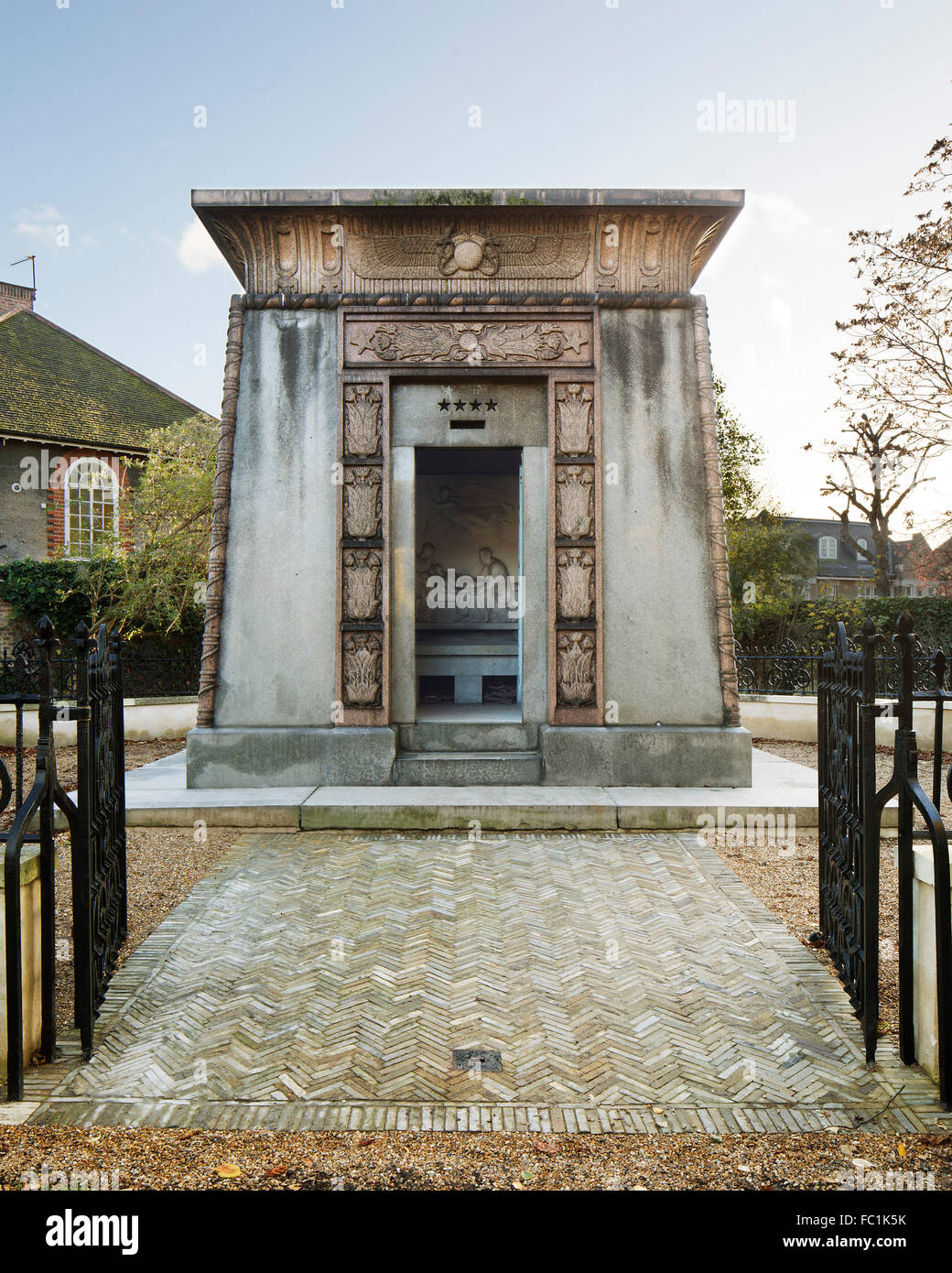 View of entrance to Mausoleum. Kilmorey Mausoleum, Richmond, United Kingdom. Architect Kaner