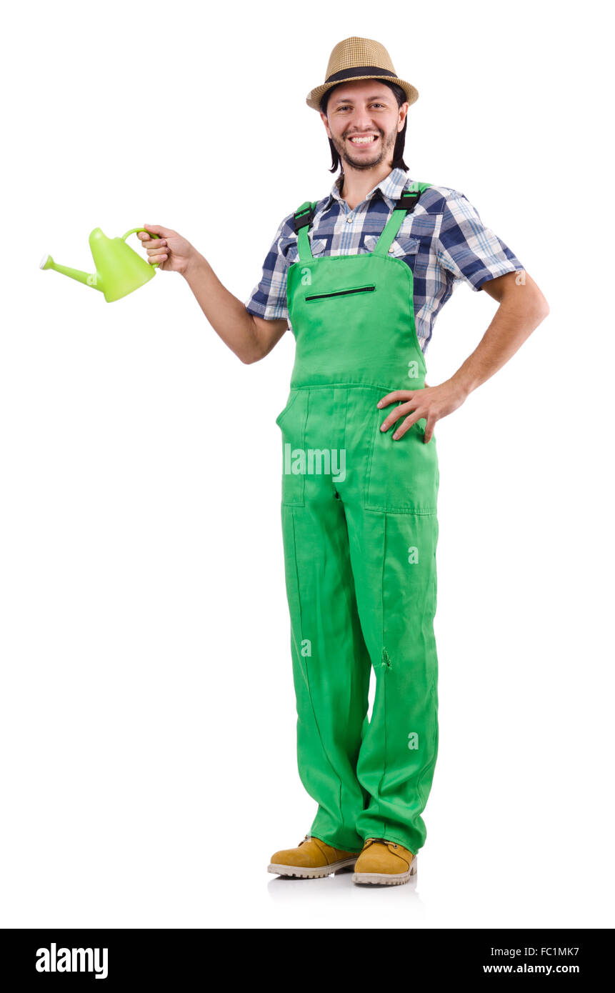 Young cheerful gardener with watering can isolated on white Stock Photo ...
