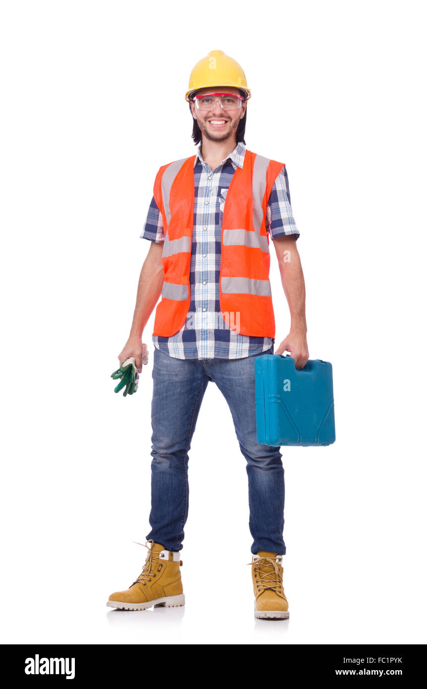 Construction worker with tool box isolated on white Stock Photo - Alamy